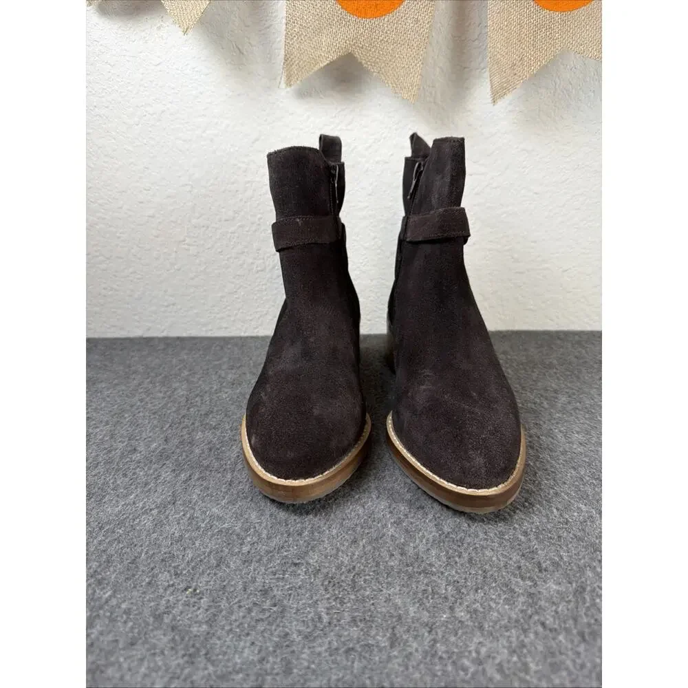 Vintage Foundry Dark Brown Suede Ankle Bootie Zip Block Heel Women’s Boots Sz 8
